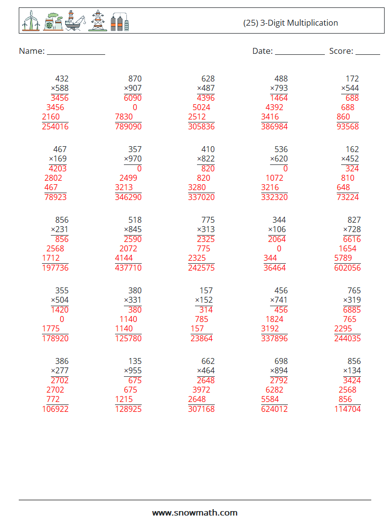 (25) 3-Digit Multiplication Math Worksheets 12 Question, Answer