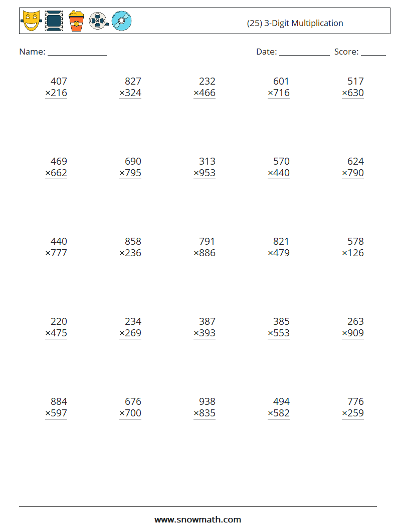 (25) 3-Digit Multiplication Math Worksheets 13