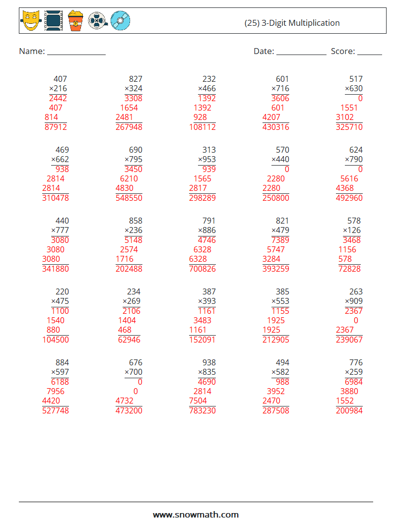 (25) 3-Digit Multiplication Math Worksheets 13 Question, Answer