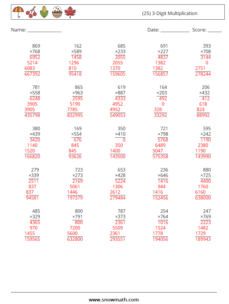 (25) 3-Digit Multiplication Math Worksheets 14 Question, Answer