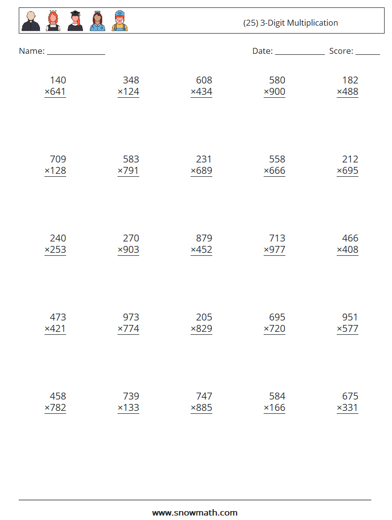 (25) 3-Digit Multiplication Math Worksheets 15