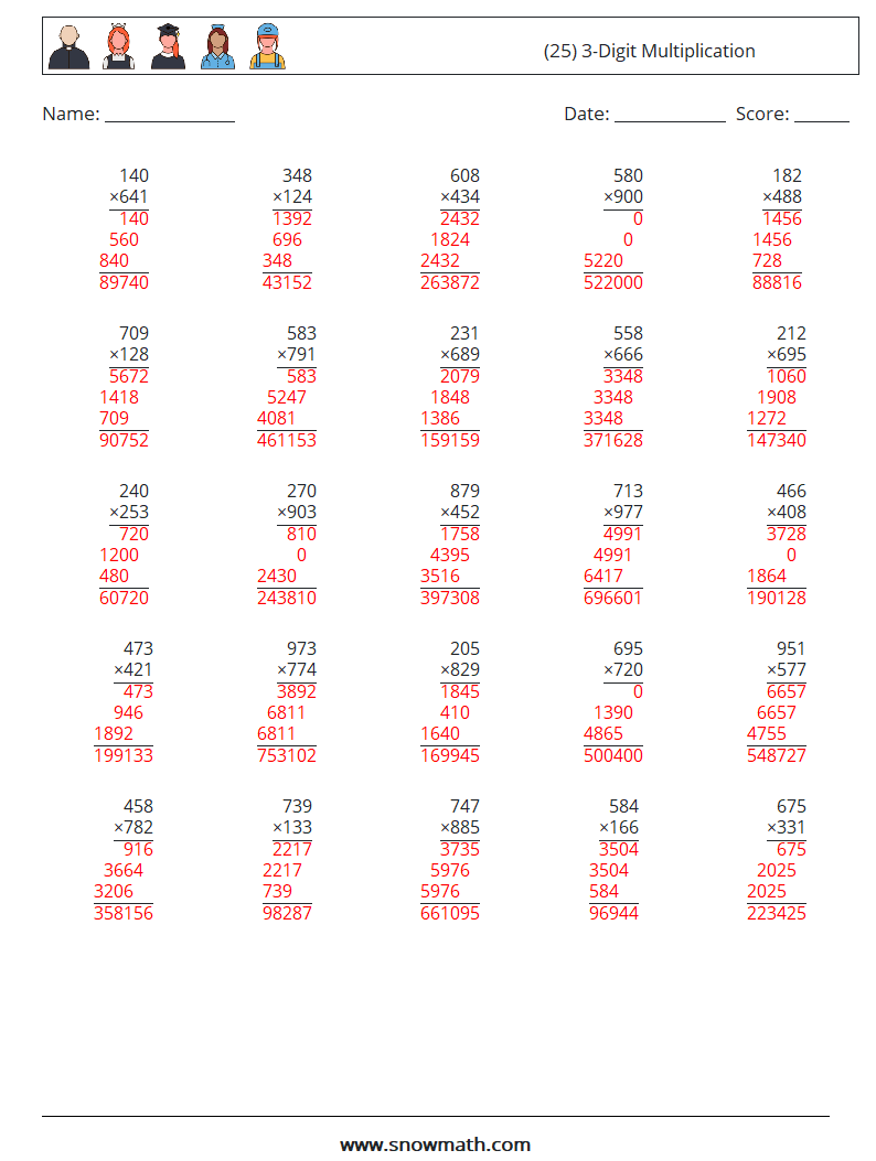 (25) 3-Digit Multiplication Math Worksheets 15 Question, Answer