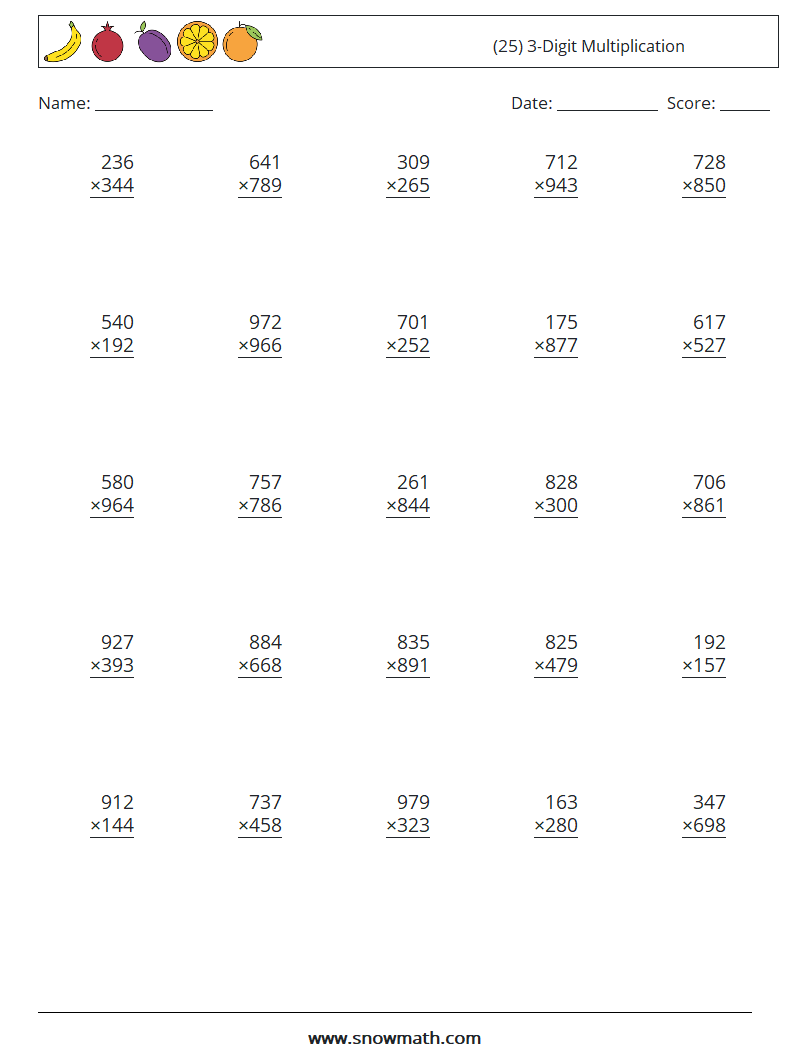 (25) 3-Digit Multiplication Math Worksheets 16