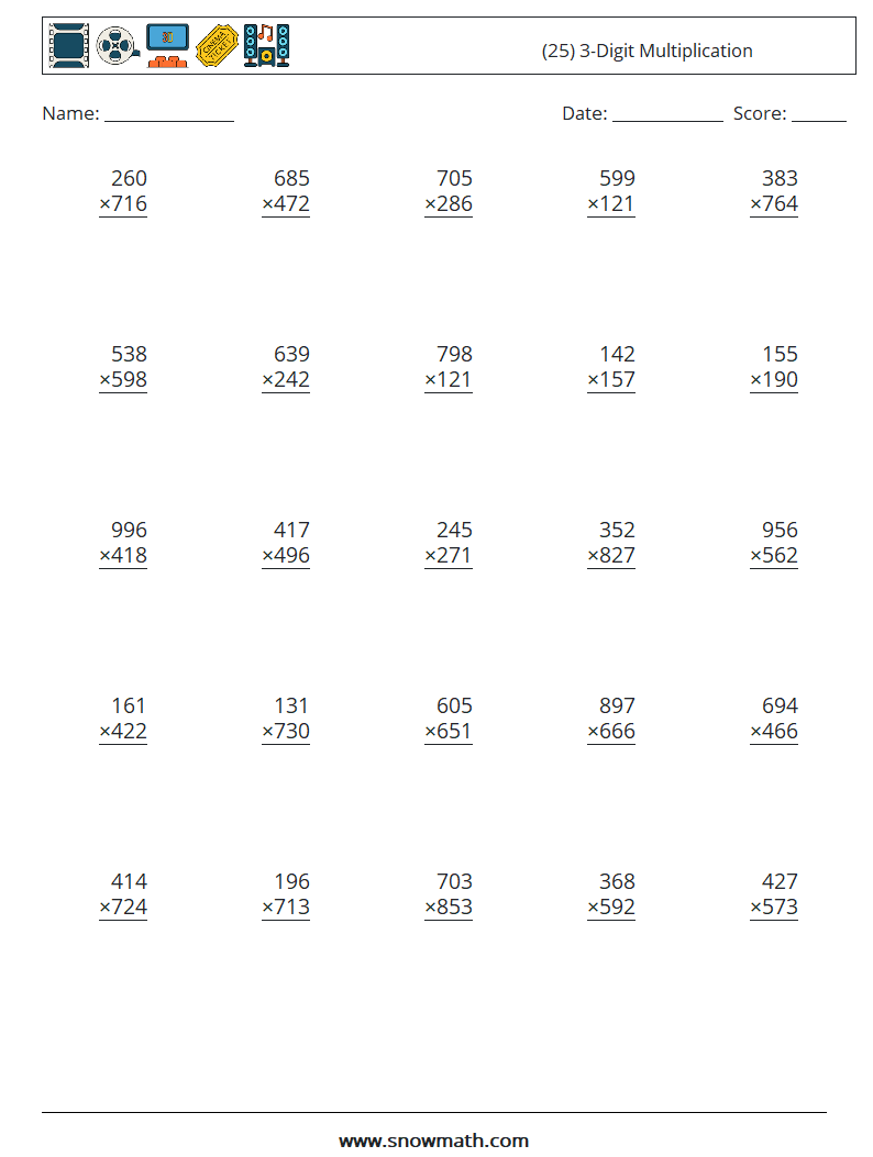 (25) 3-Digit Multiplication Math Worksheets 17