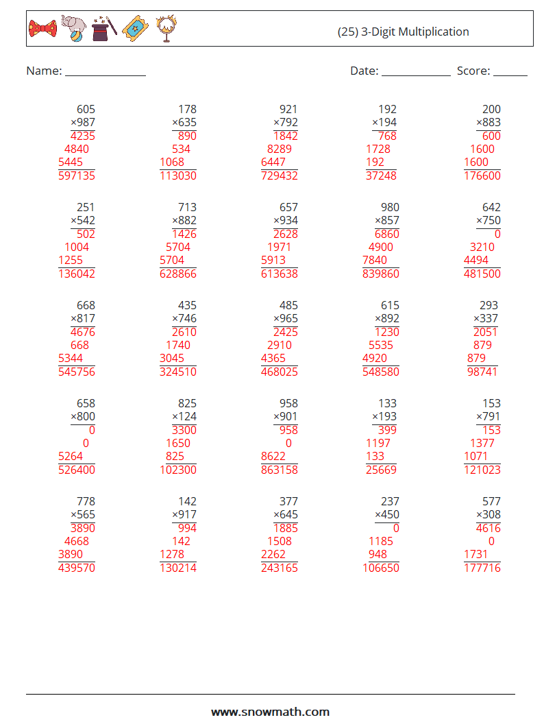 (25) 3-Digit Multiplication Math Worksheets 1 Question, Answer