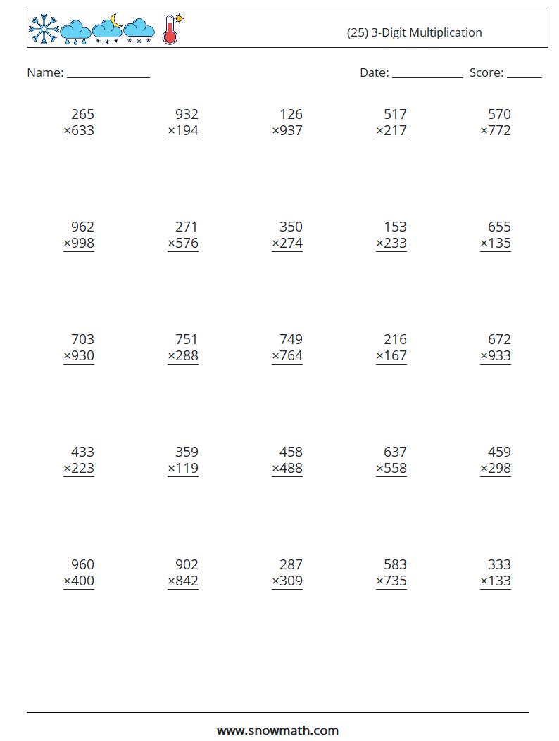 (25) 3-Digit Multiplication Math Worksheets 2