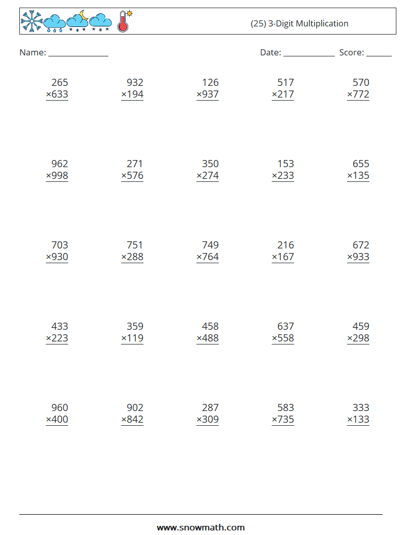 (25) 3-Digit Multiplication Maths Worksheets 2