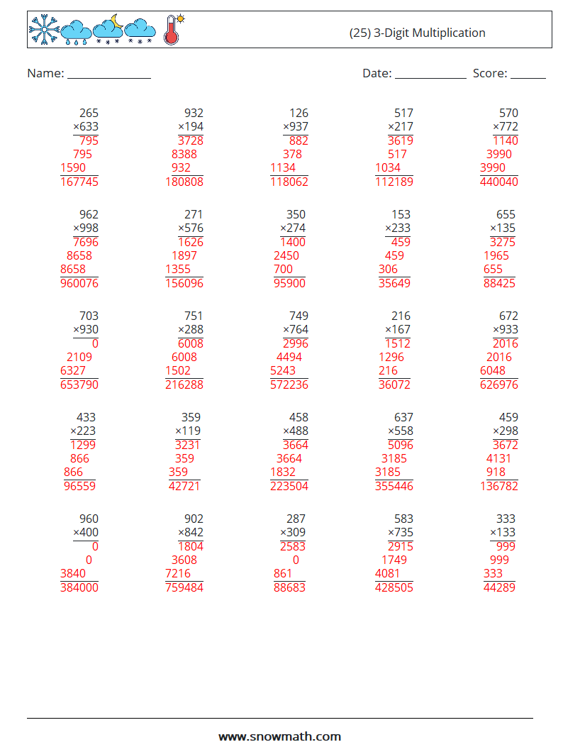 (25) 3-Digit Multiplication Math Worksheets 2 Question, Answer