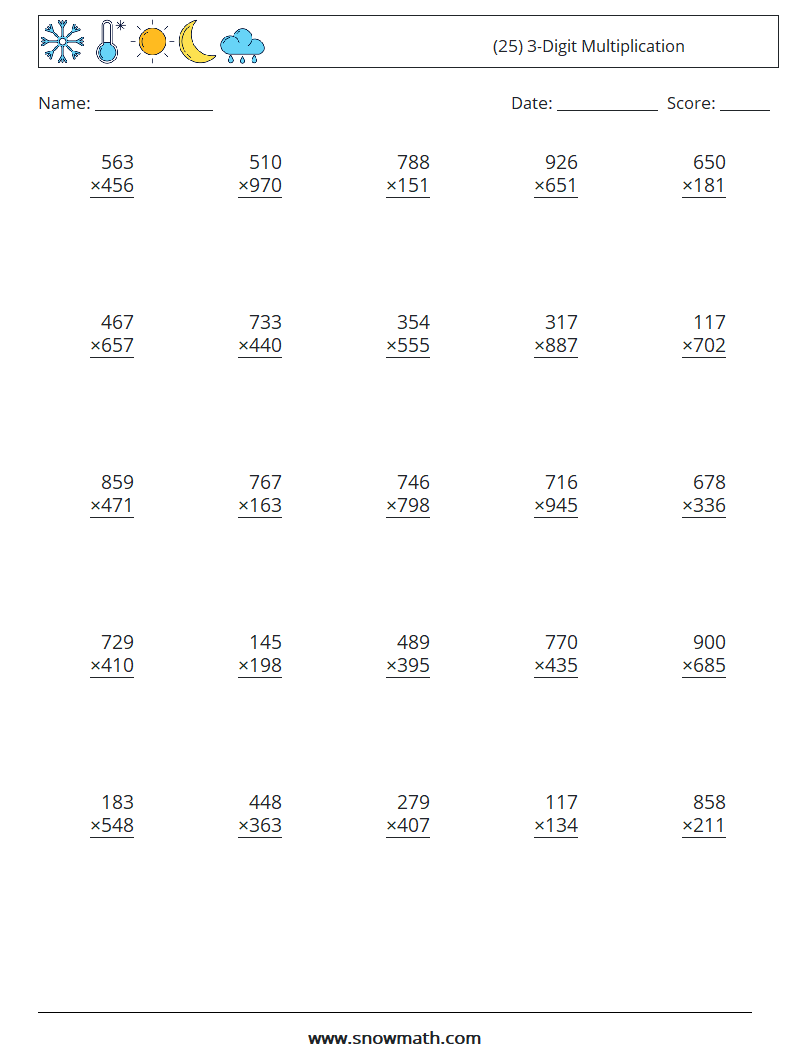 (25) 3-Digit Multiplication Math Worksheets 3