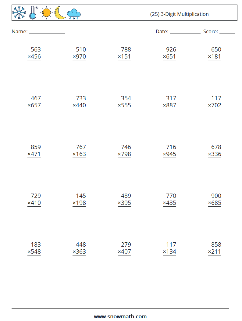 (25) 3-Digit Multiplication Maths Worksheets 3