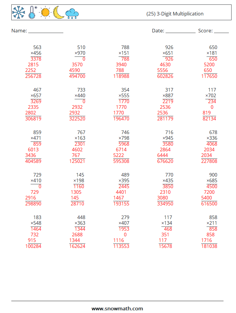 (25) 3-Digit Multiplication Math Worksheets 3 Question, Answer