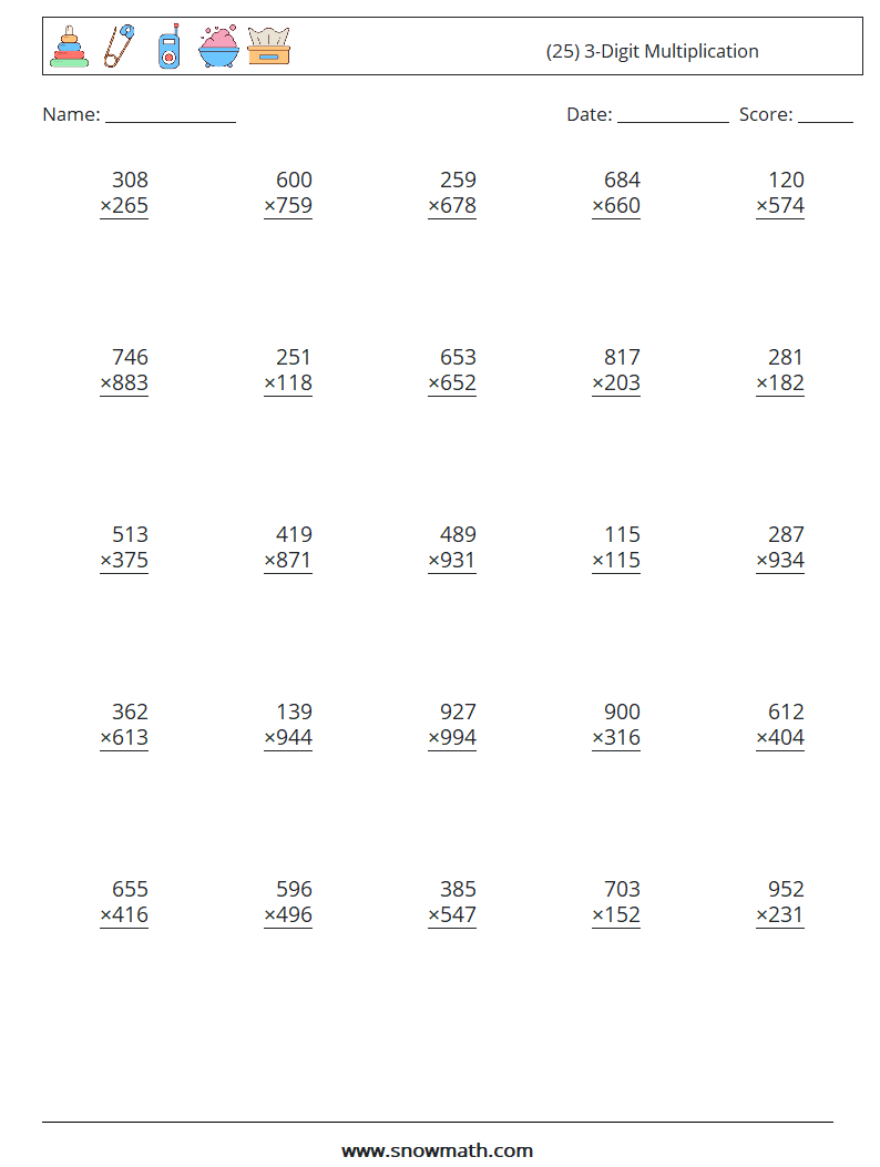 (25) 3-Digit Multiplication Math Worksheets 4