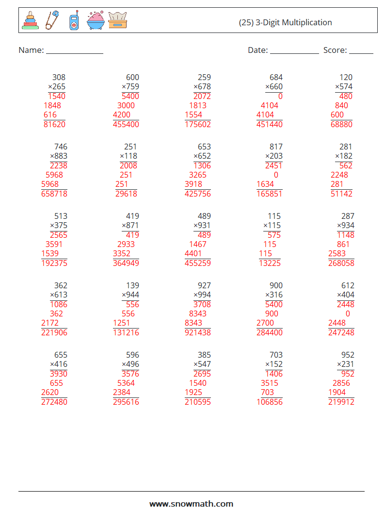 (25) 3-Digit Multiplication Math Worksheets 4 Question, Answer