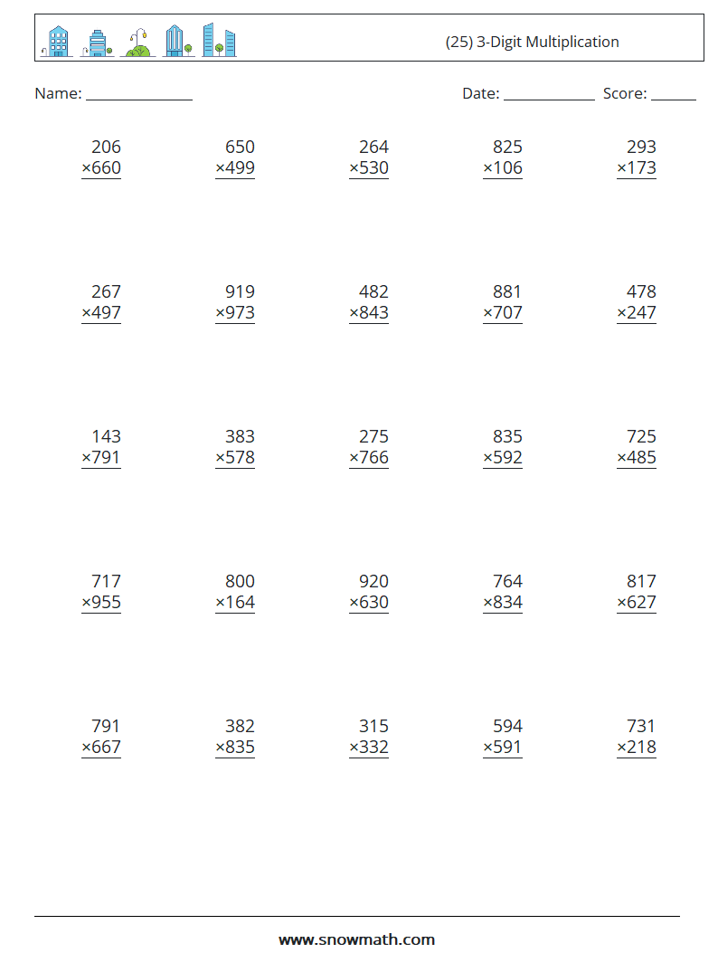 (25) 3-Digit Multiplication Math Worksheets 5