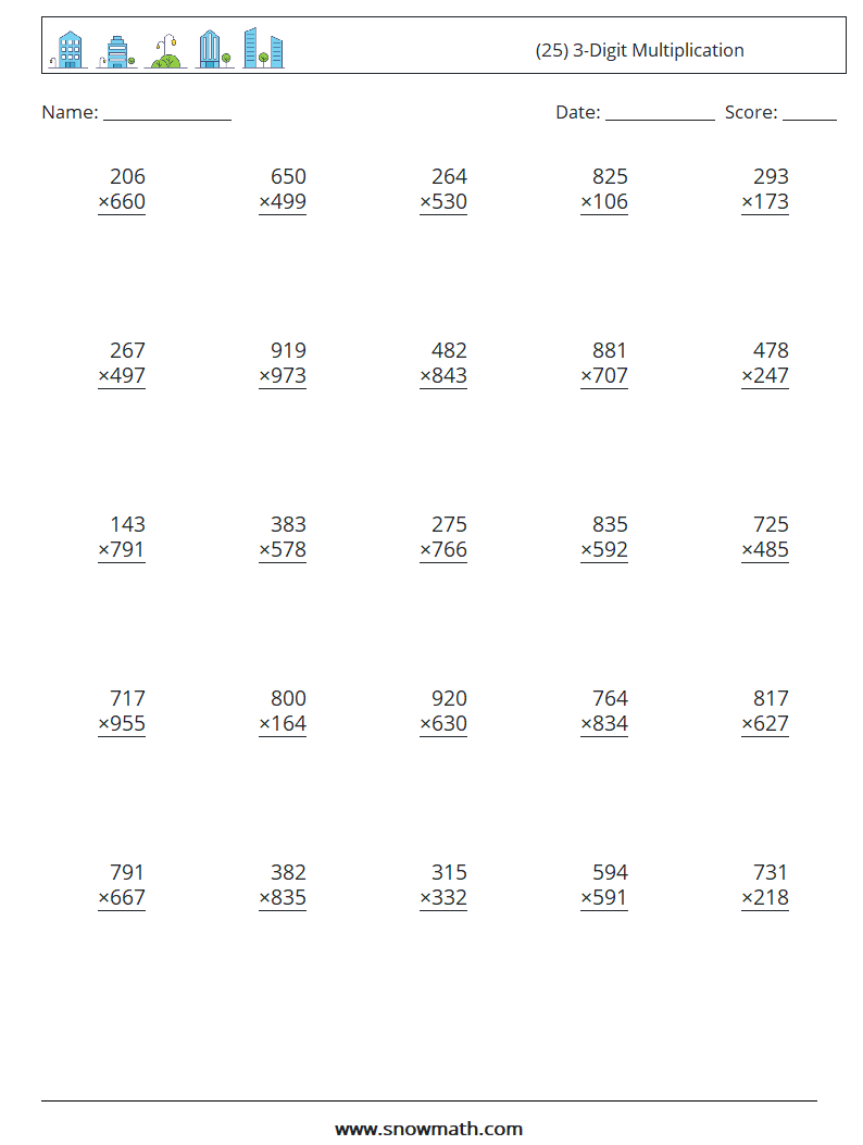 (25) 3-Digit Multiplication Maths Worksheets 5