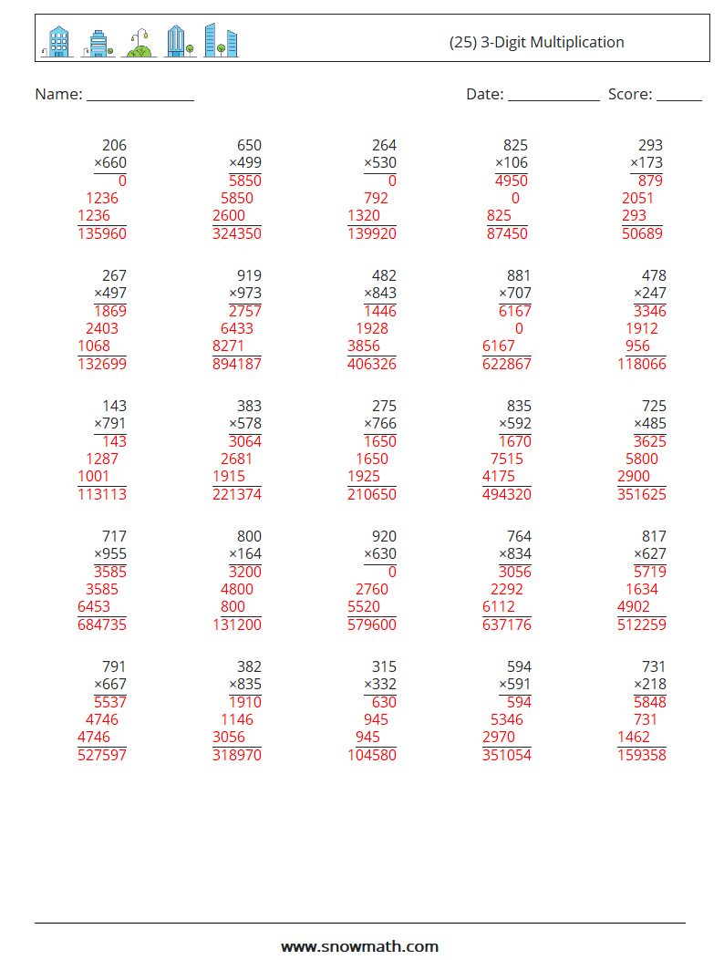 (25) 3-Digit Multiplication Math Worksheets 5 Question, Answer