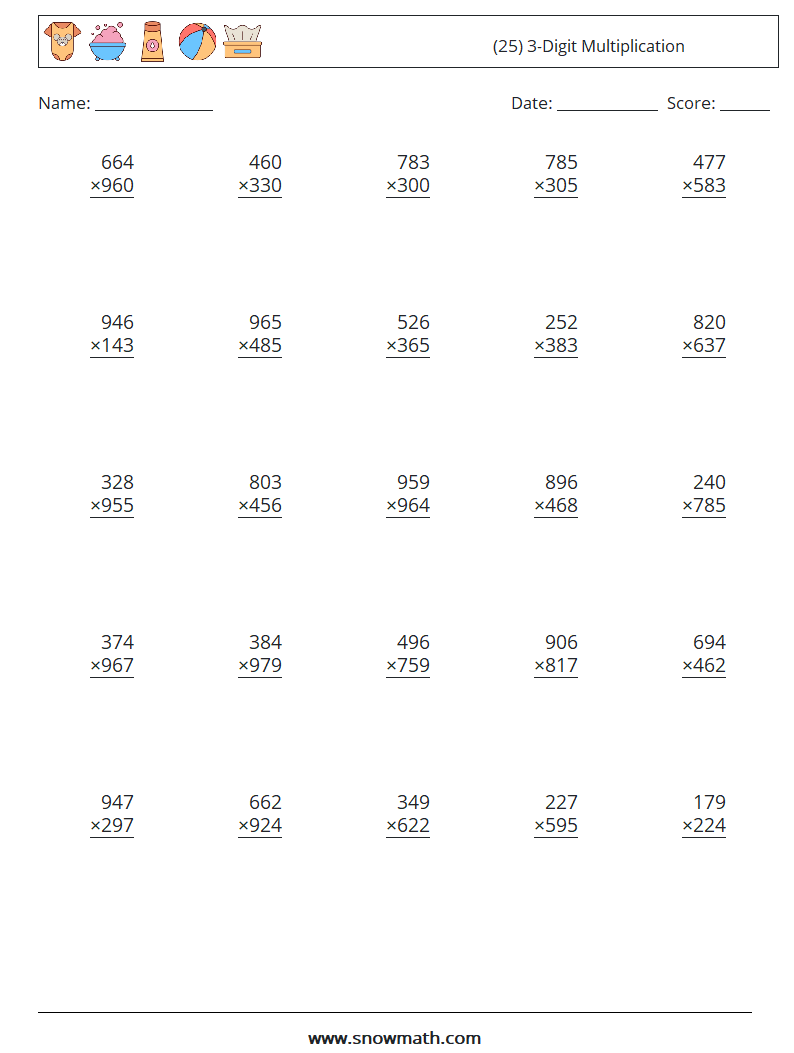 (25) 3-Digit Multiplication Math Worksheets 6