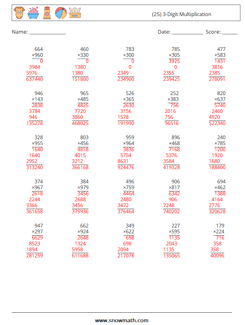 (25) 3-Digit Multiplication Math Worksheets 6 Question, Answer