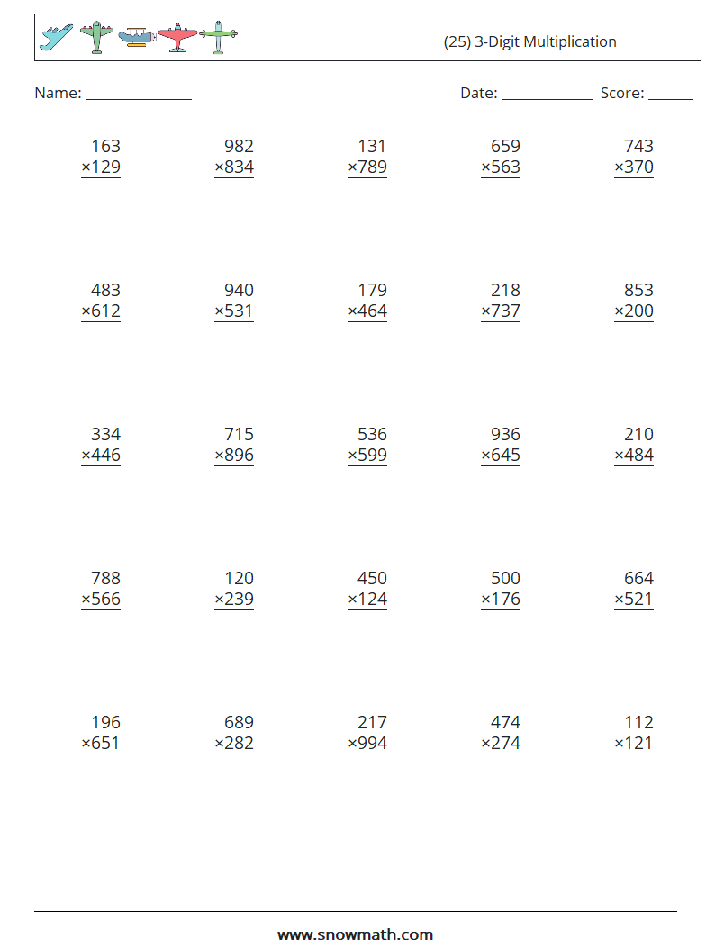(25) 3-Digit Multiplication Math Worksheets 7