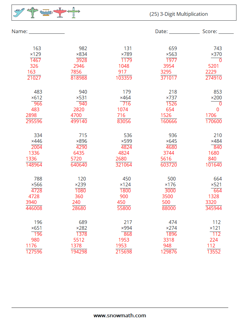 (25) 3-Digit Multiplication Math Worksheets 7 Question, Answer