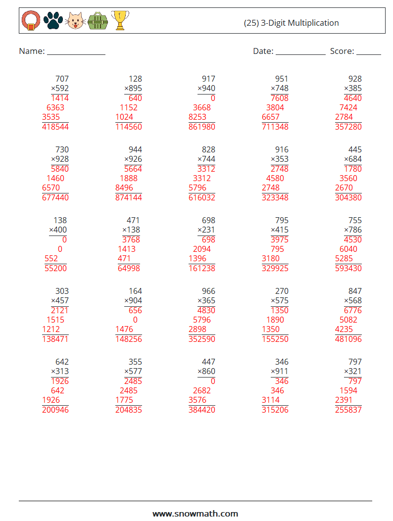 (25) 3-Digit Multiplication Math Worksheets 8 Question, Answer