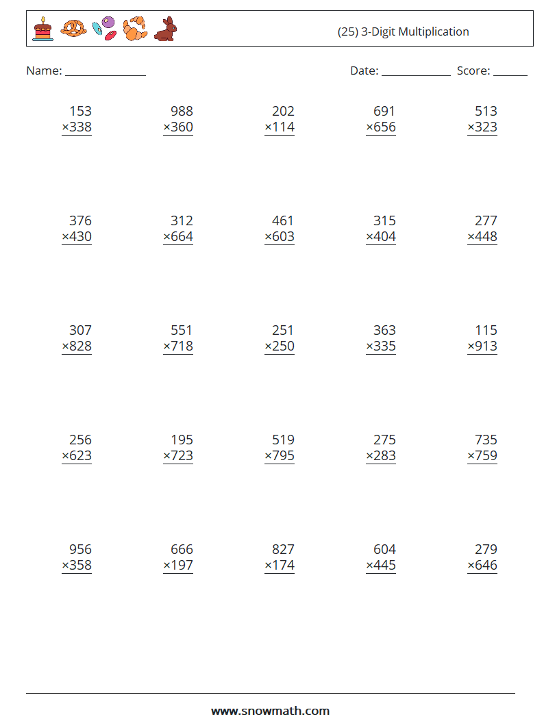 (25) 3-Digit Multiplication Math Worksheets 9