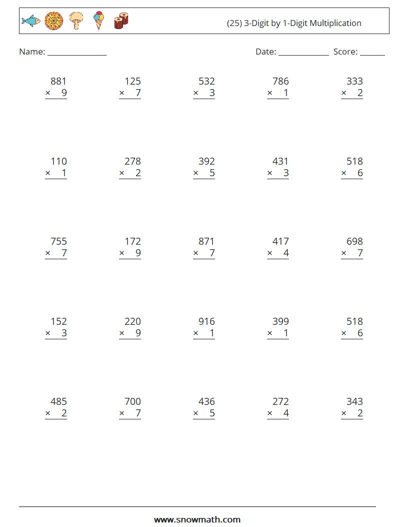 (25) 3-Digit by 1-Digit Multiplication Math Worksheets 1