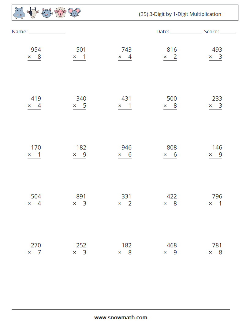 (25) 3-Digit by 1-Digit Multiplication Math Worksheets 10