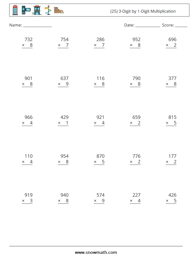 (25) 3-Digit by 1-Digit Multiplication Maths Worksheets 12