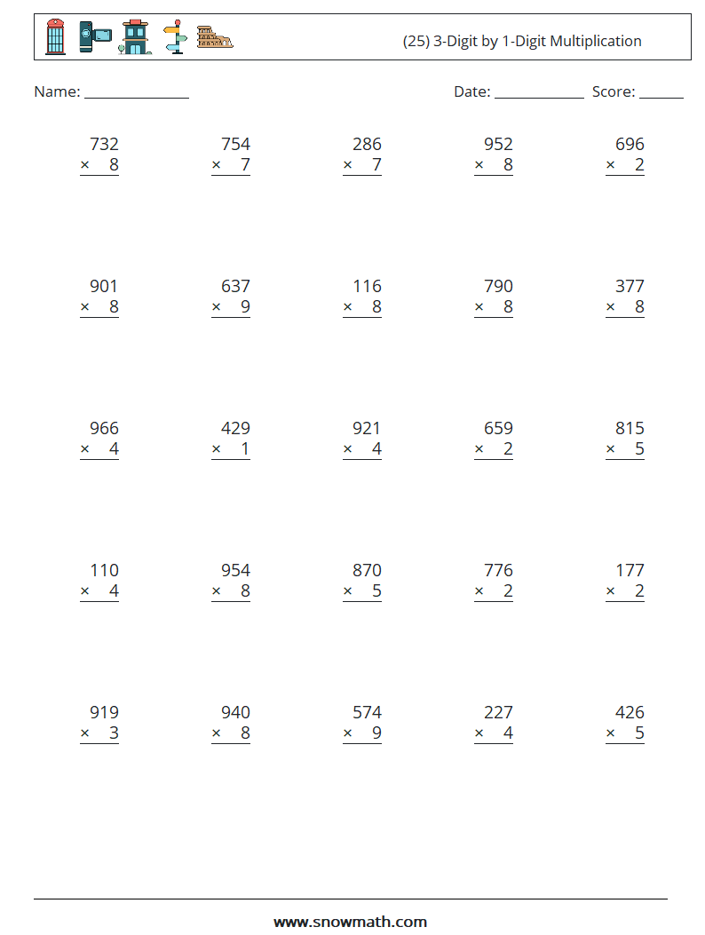 (25) 3-Digit by 1-Digit Multiplication Math Worksheets 12