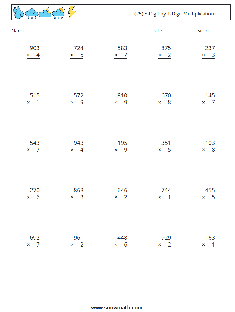 (25) 3-Digit by 1-Digit Multiplication Maths Worksheets 13