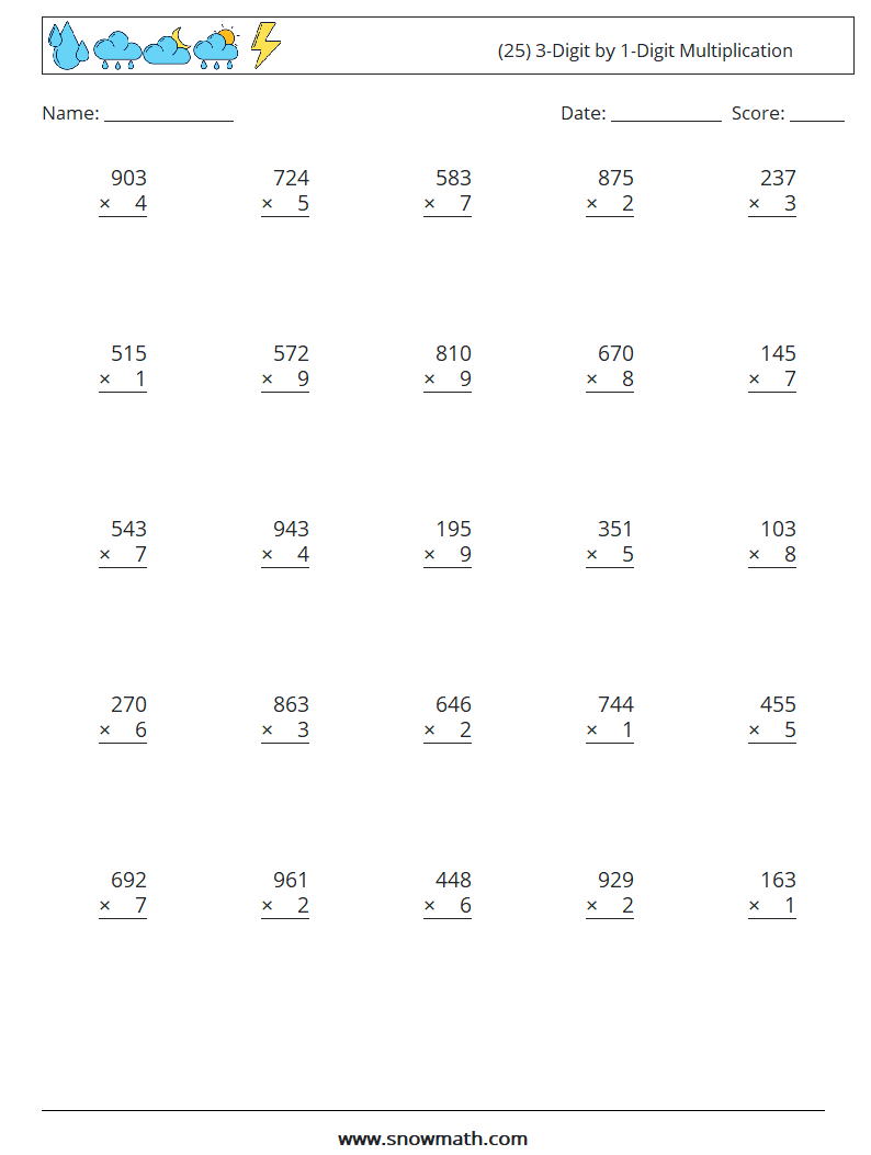 (25) 3-Digit by 1-Digit Multiplication Math Worksheets 13