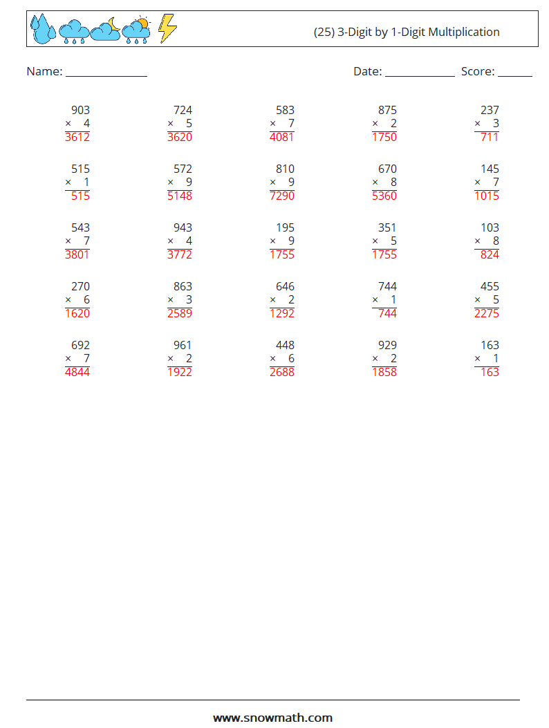 (25) 3-Digit by 1-Digit Multiplication Math Worksheets 13 Question, Answer