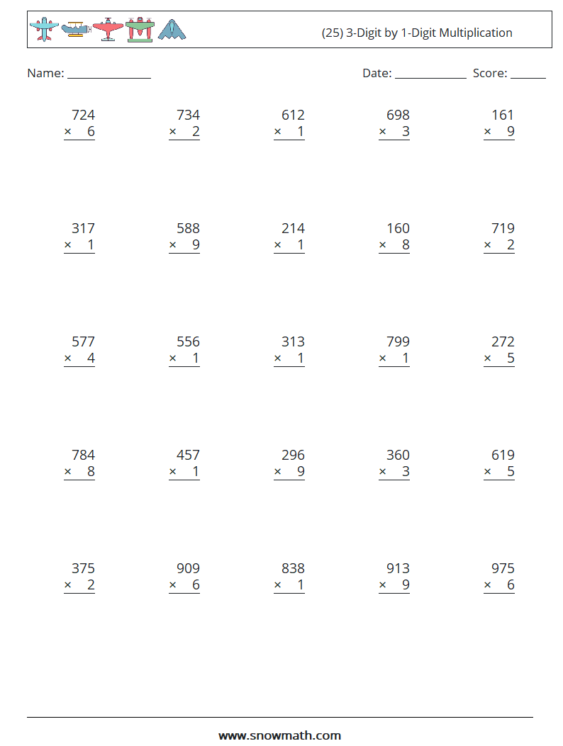 (25) 3-Digit by 1-Digit Multiplication Math Worksheets 14