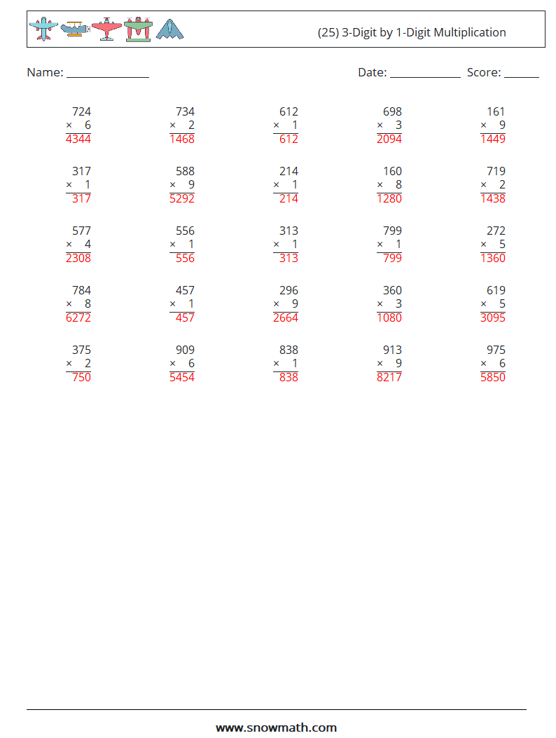 (25) 3-Digit by 1-Digit Multiplication Math Worksheets 14 Question, Answer