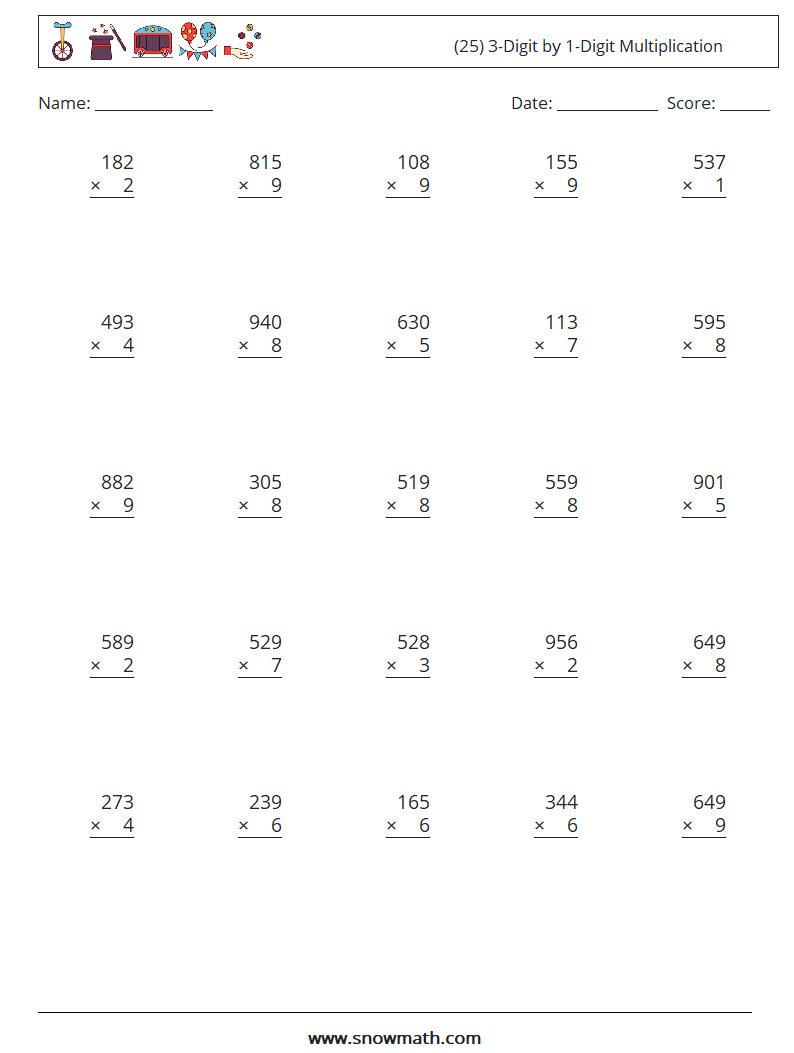(25) 3-Digit by 1-Digit Multiplication Math Worksheets 15