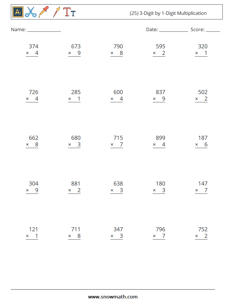 (25) 3-Digit by 1-Digit Multiplication Math Worksheets 17