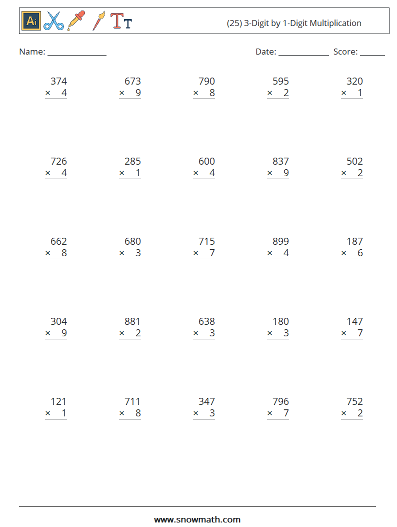 (25) 3-Digit by 1-Digit Multiplication Maths Worksheets 17