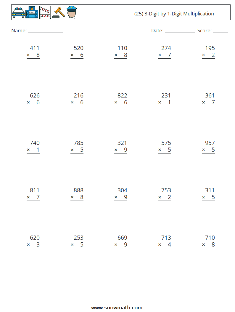 (25) 3-Digit by 1-Digit Multiplication Math Worksheets 18