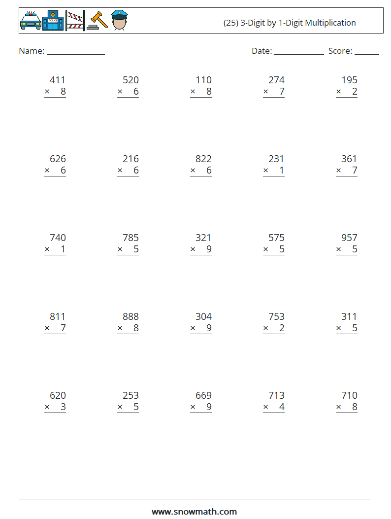 (25) 3-Digit by 1-Digit Multiplication Maths Worksheets 18