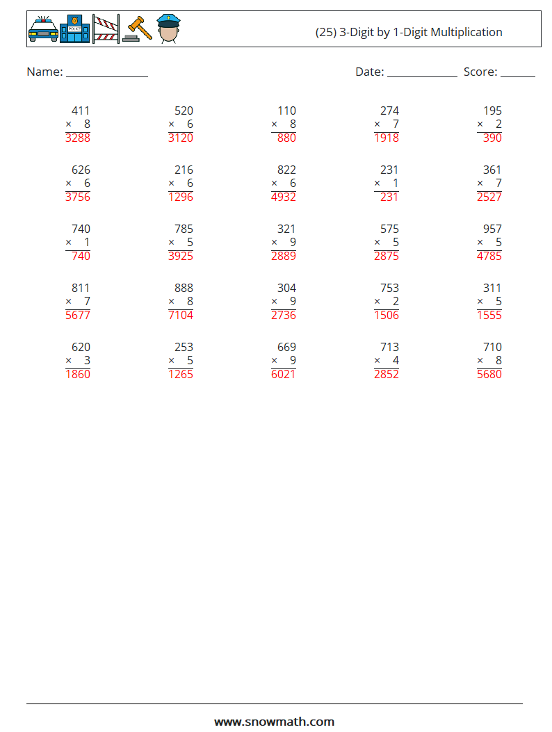 (25) 3-Digit by 1-Digit Multiplication Math Worksheets 18 Question, Answer