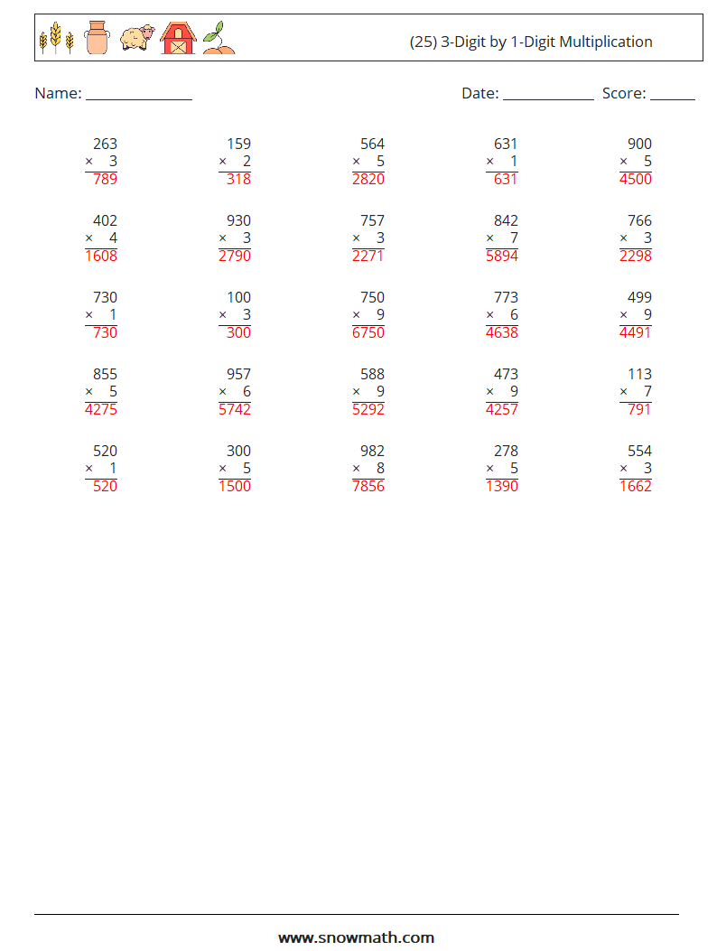 (25) 3-Digit by 1-Digit Multiplication Math Worksheets 2 Question, Answer