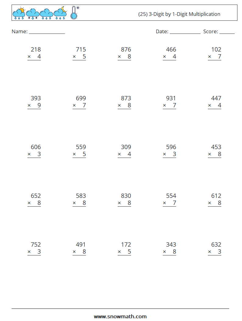 (25) 3-Digit by 1-Digit Multiplication Math Worksheets 3