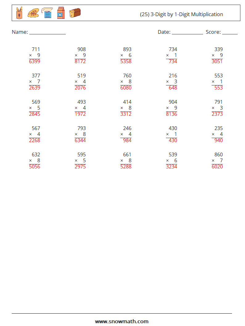 (25) 3-Digit by 1-Digit Multiplication Math Worksheets 4 Question, Answer