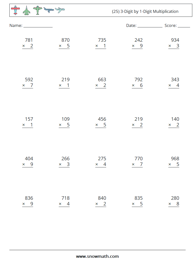 (25) 3-Digit by 1-Digit Multiplication Maths Worksheets 5