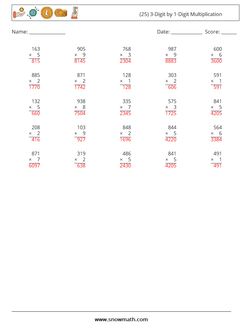 (25) 3-Digit by 1-Digit Multiplication Math Worksheets 6 Question, Answer