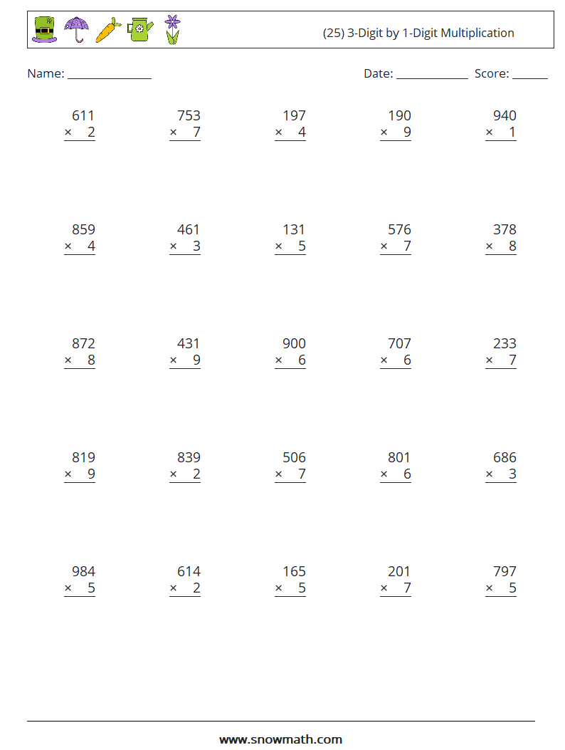 (25) 3-Digit by 1-Digit Multiplication Maths Worksheets 8