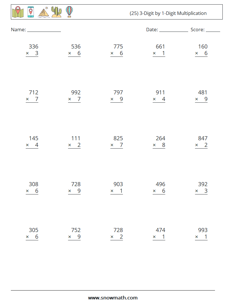 25 3 digit by 1 digit multiplication math worksheets math practice for kids