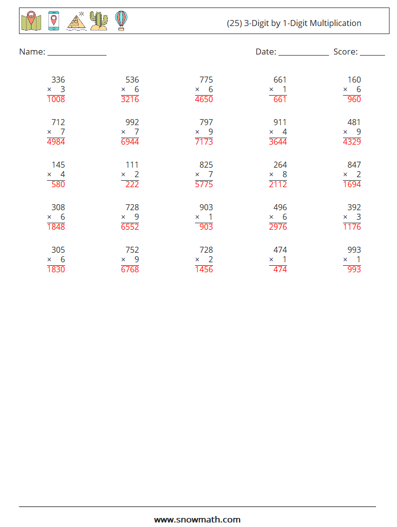 (25) 3-Digit by 1-Digit Multiplication Math Worksheets 9 Question, Answer