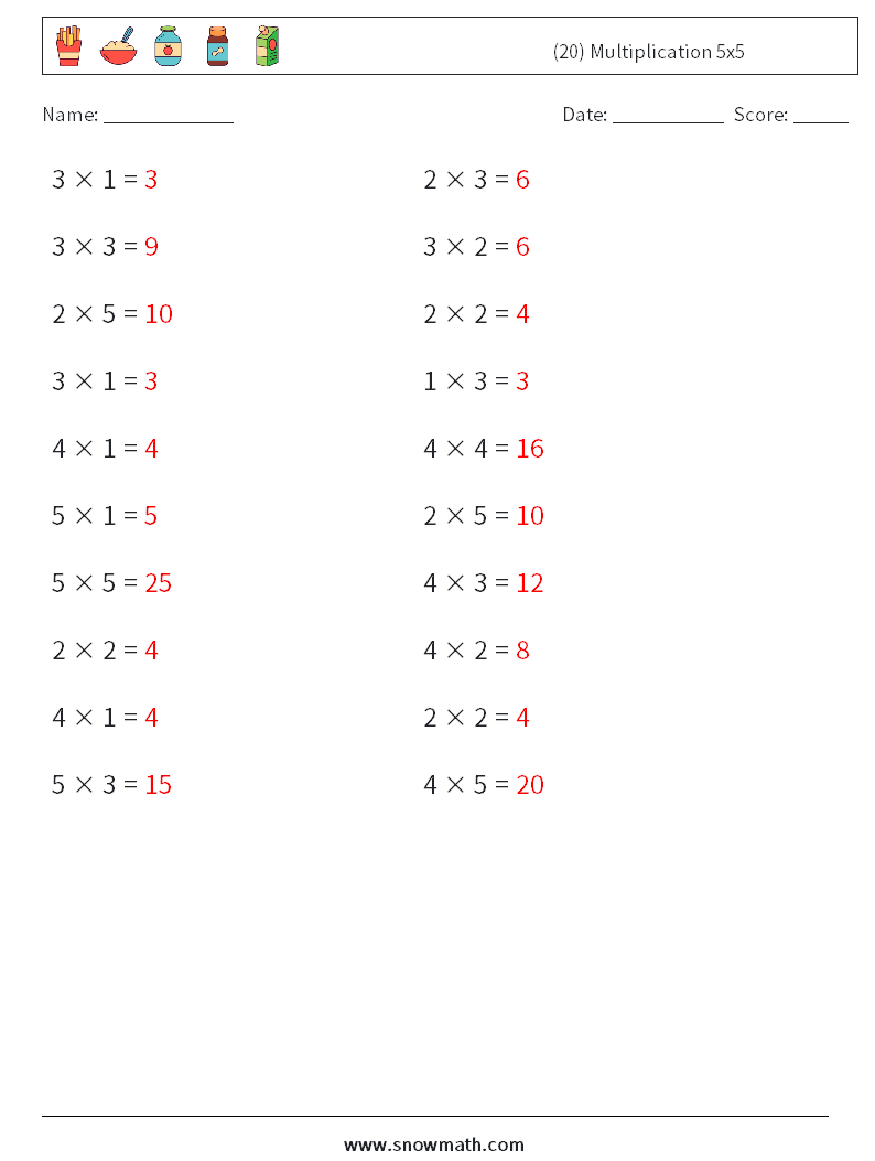 (20) Multiplication 5x5 Math Worksheets 1 Question, Answer